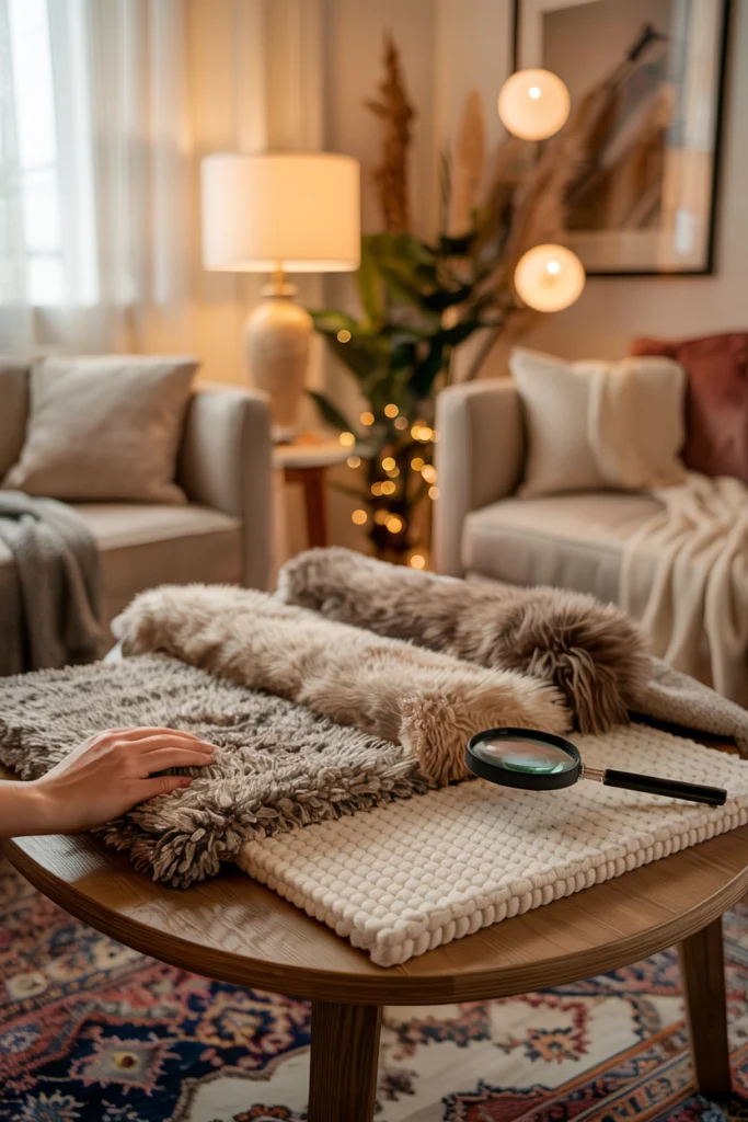 Comparaison visuelle de trois matières de tapis cosy : laine naturelle épaisse, coton tissé et velours moelleux, illustrant leurs textures et usages en décoration d'intérieur.