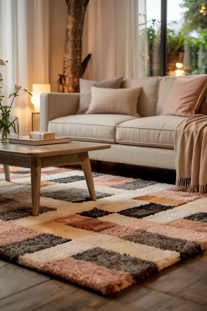 Tapis cosy à motifs géométriques modernes dans un salon épuré, associant lignes graphiques et tons doux pour une ambiance contemporaine et chaleureuse.