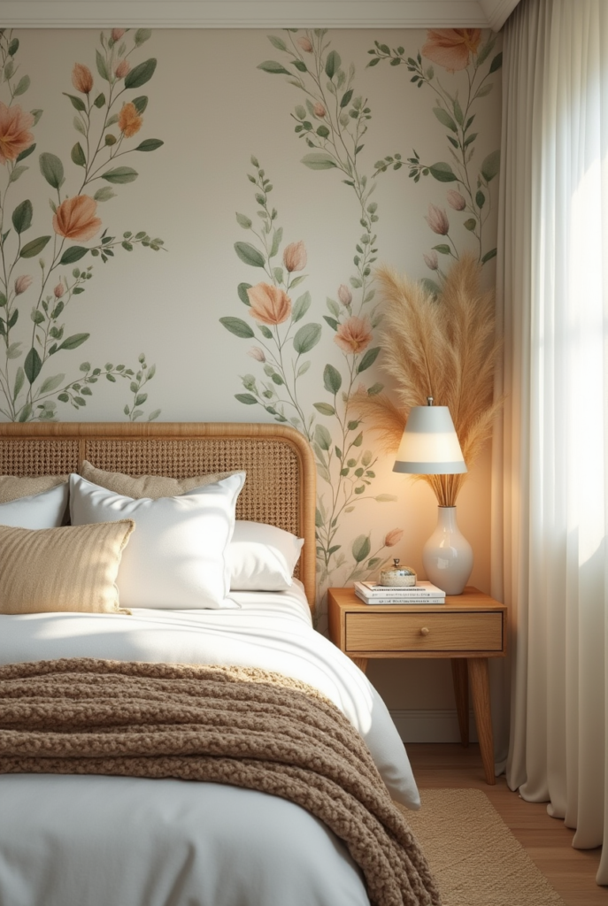 Tapisserie murale botanique motifs eucalyptus et fleurs sauvages dans une chambre cosy avec tête de lit en rotin et éclairage chaud
