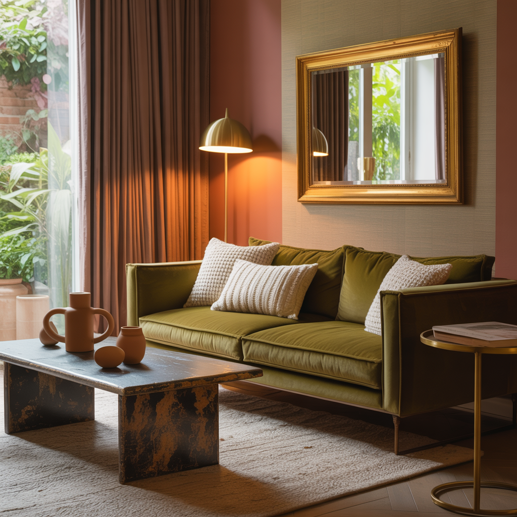Tapisserie murale terracotta avec canapé velours vert sauge et éclairage doré pour ambiance cosy