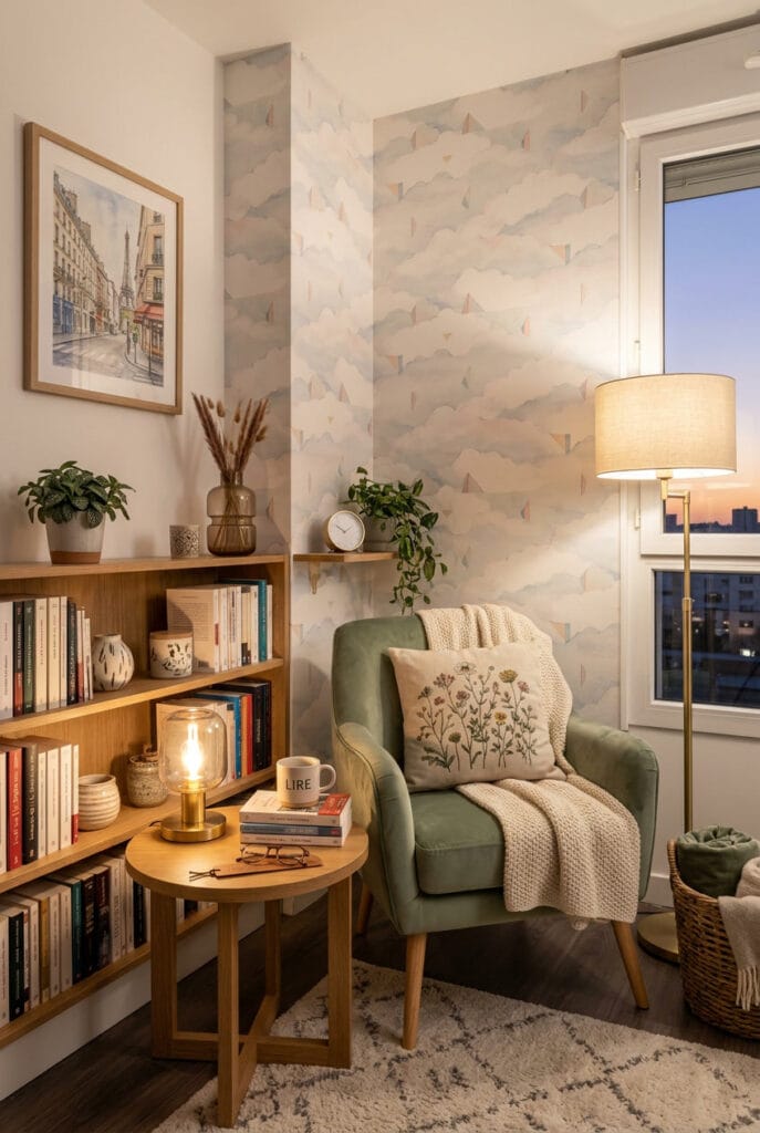 Coin lecture cosy avec fauteuil devant une tapisserie murale à motif doux et poétique