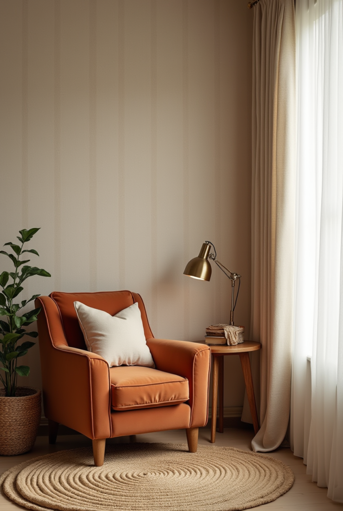 Tapisserie murale en lin beige avec fauteuil velours terracotta dans un coin lecture cosy