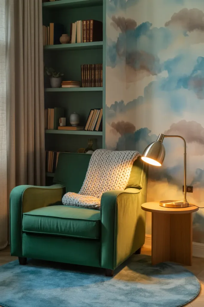 Tapisserie murale nuages aquarelle pour un coin lecture cosy avec fauteuil vert et étagères