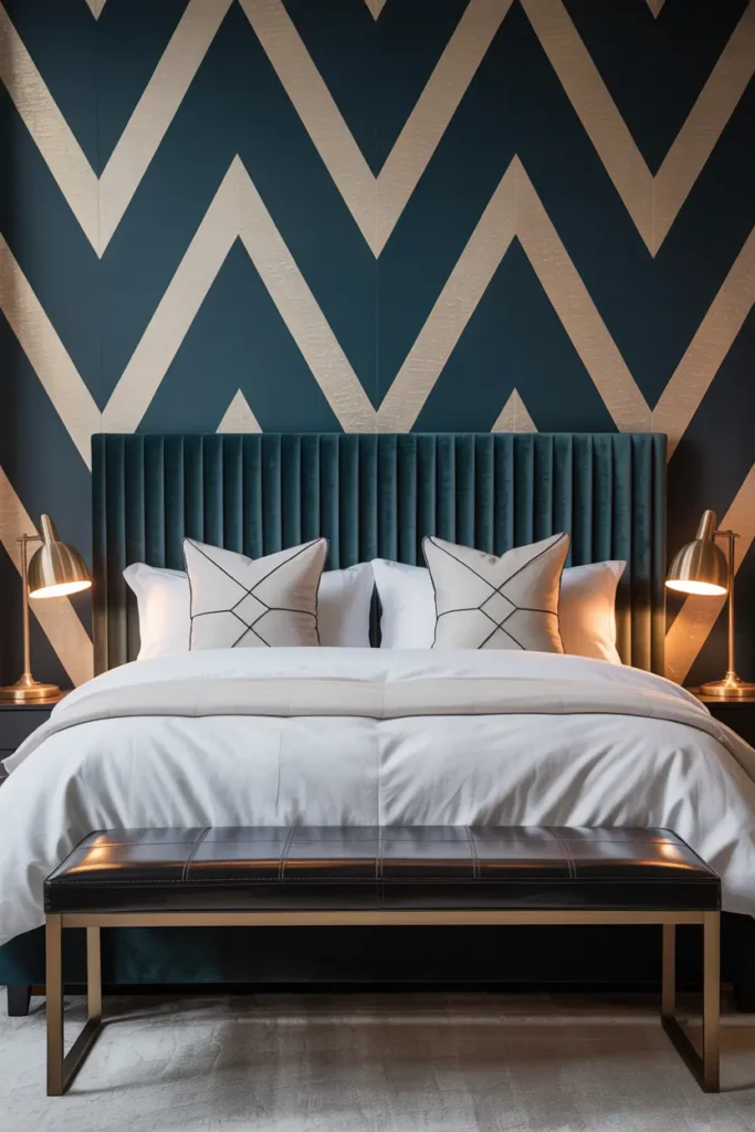 Tapisserie murale géométrique avec velours côtelé et cuir mat dans une chambre