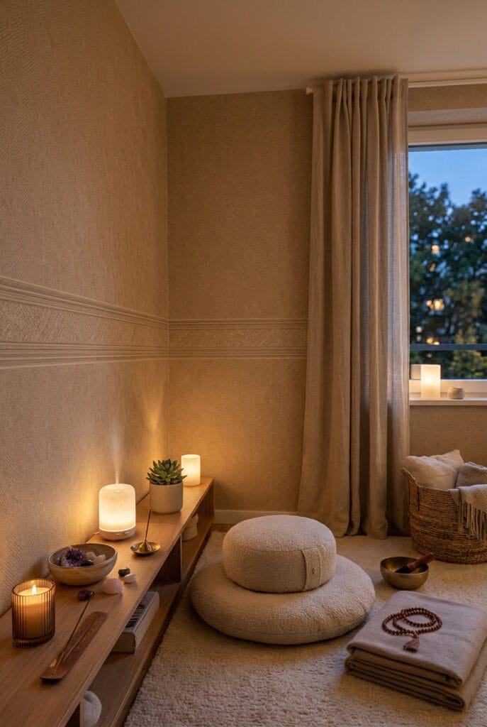 Tapisserie murale avec frise horizontale à mi-hauteur pour un espace immersif et cosy