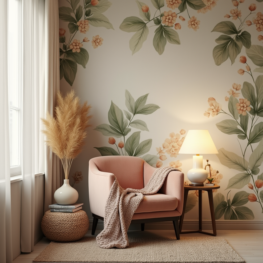 Tapisserie murale botanique dans un salon cosy avec fauteuil en velours, éclairage chaud et déco naturelle.