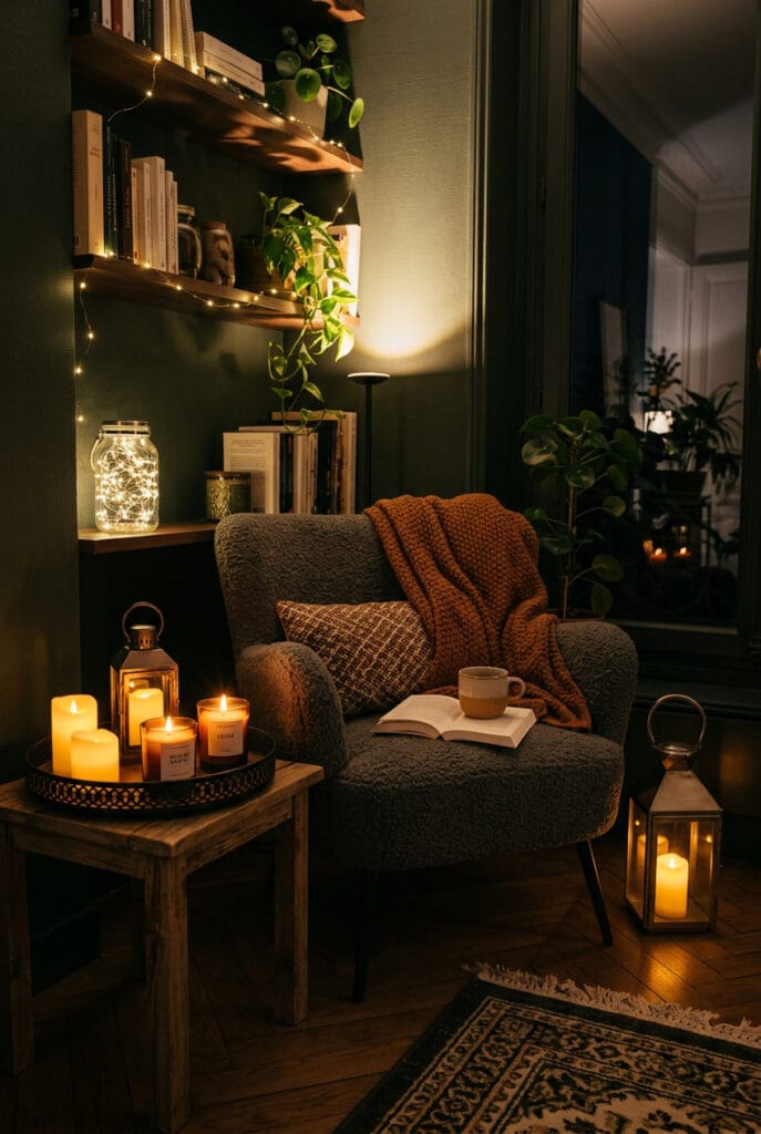Ambiance lumineuse chaleureuse avec bougies et éclairages décoratifs dans un coin lecture cosy.