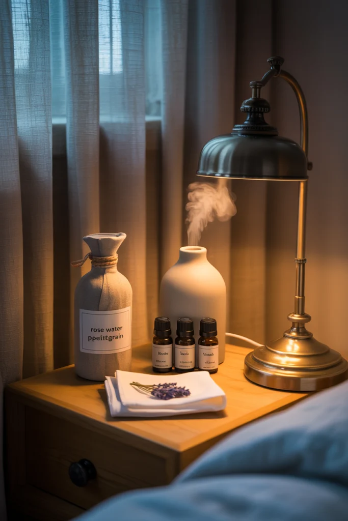 Aromathérapie - Chambre paisible avec diffuseur et huiles essentielles pour un sommeil profond
