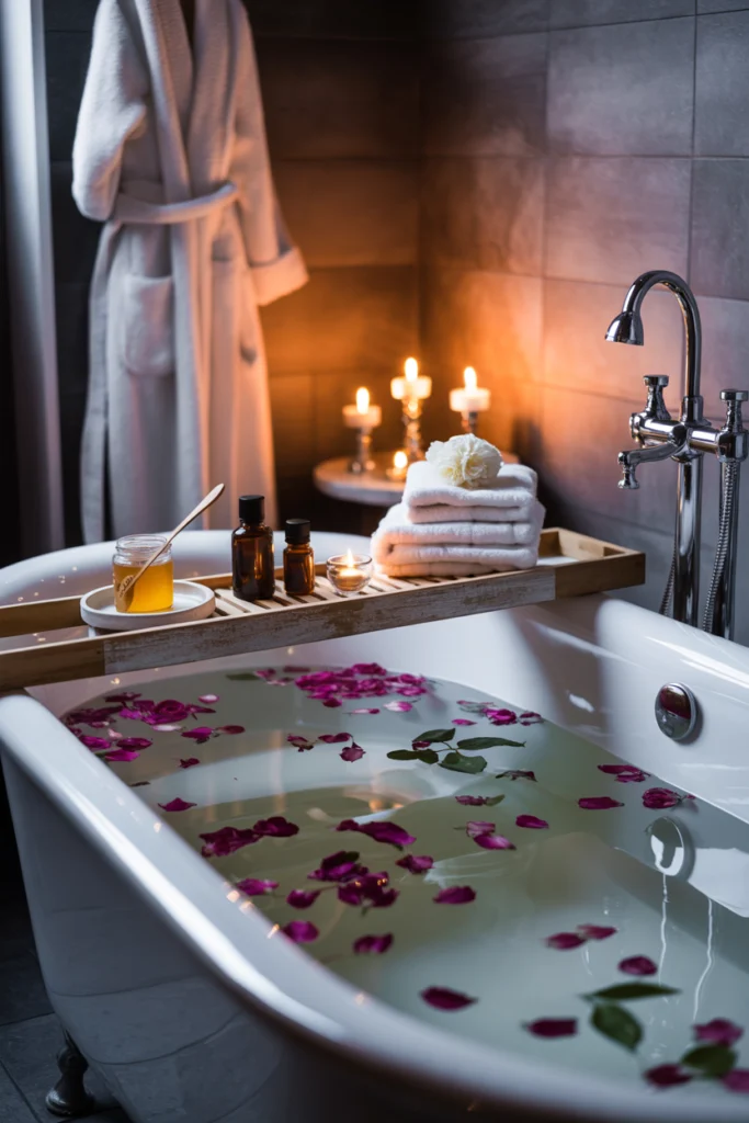 Aromathérapie - Bain relaxant aux huiles essentielles dans une salle de bain spa