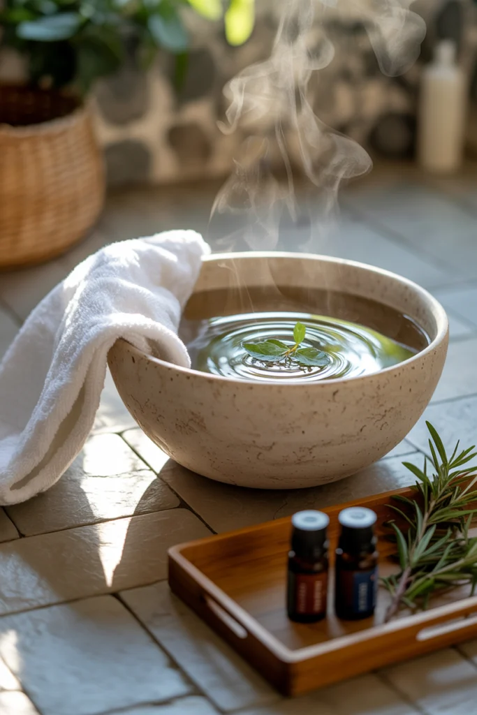 Aromathérapie - Sauna facial minute aux huiles essentielles pour une détente express