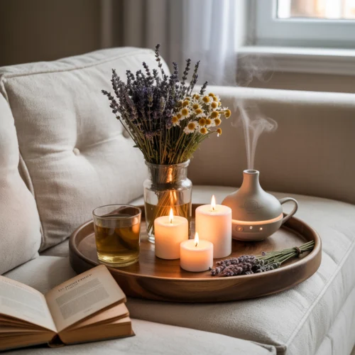 Aromathérapie - Décoration cosy avec bougies parfumées, diffuseur d'huiles essentielles et plantes séchées pour une ambiance apaisante.