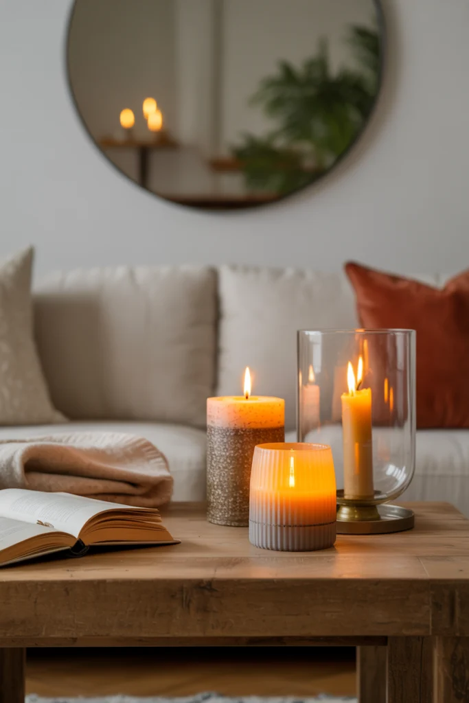 Bougies décoratives de différentes tailles sur table basse créant une ambiance intimiste