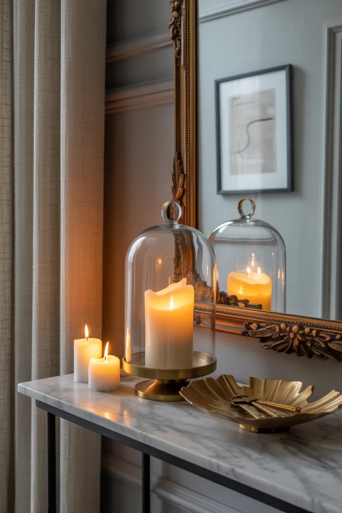 Bougie sous cloche décorative dans une entrée élégante