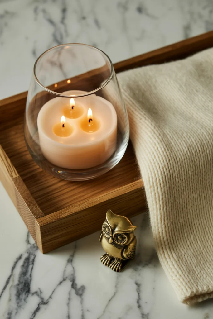 Association harmonieuse de bougies décoratives avec bois, laine et métal