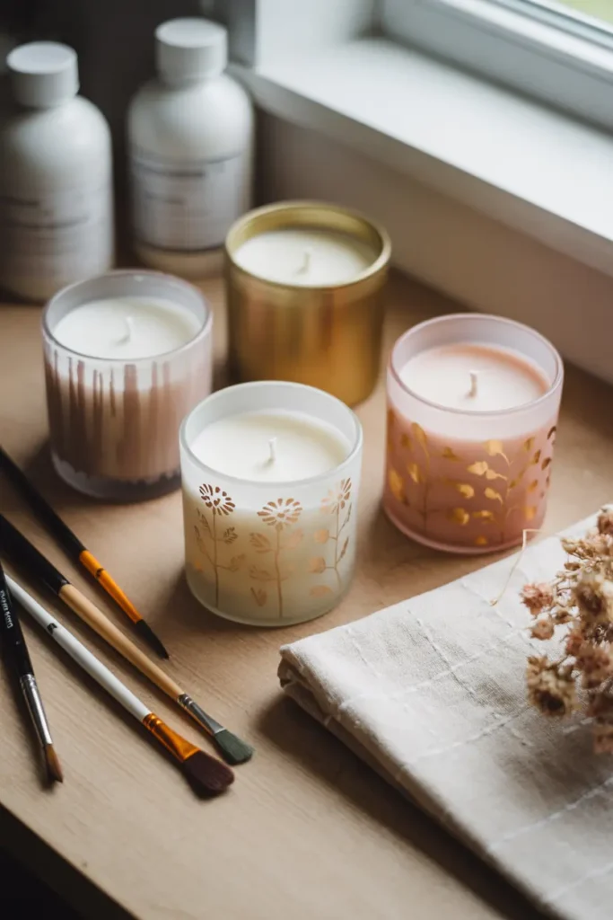 Bougies décoratives dans des pots en verre peints à la main