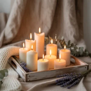 Bougies décoratives disposées sur un plateau en bois avec écharpe en laine, créant une ambiance chaleureuse et cocooning.