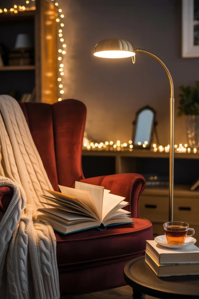 Coin lecture du soir avec éclairage chaud et ambiance cosy