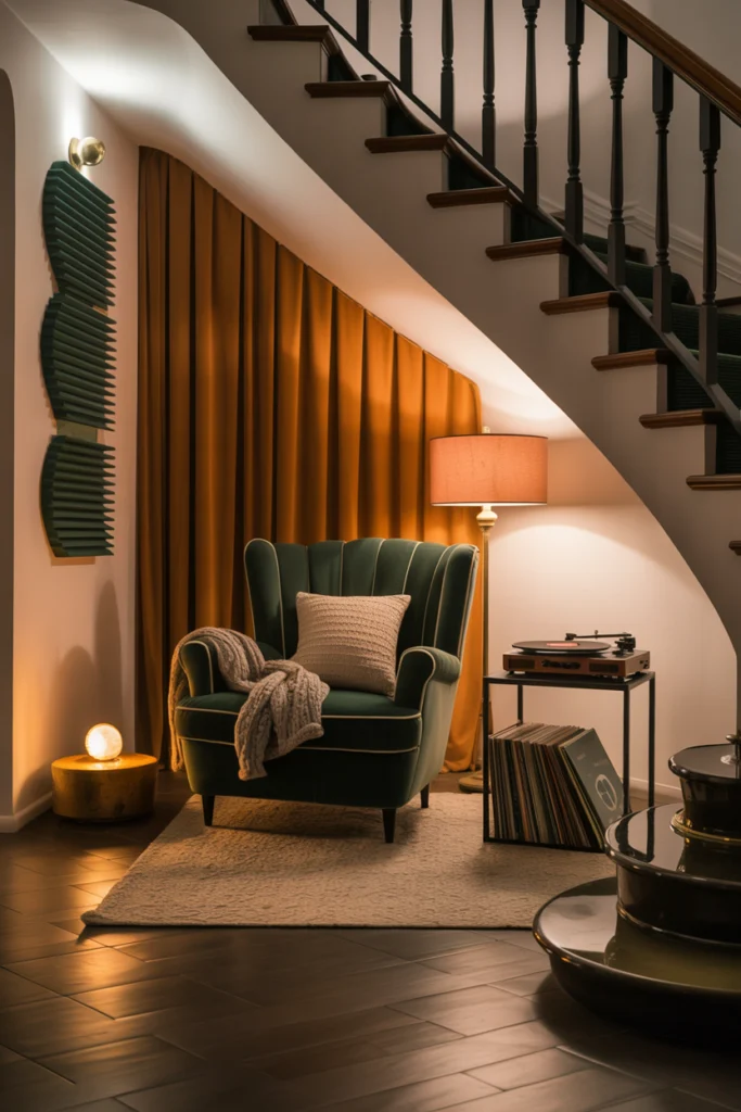 Coin lecture isolé et insonorisé sous un escalier avec fauteuil moelleux et rideaux épais