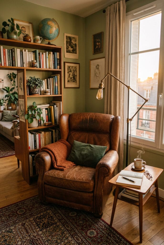 Coin lecture cosy avec fauteuil confortable dans un intérieur chaleureux et apaisant