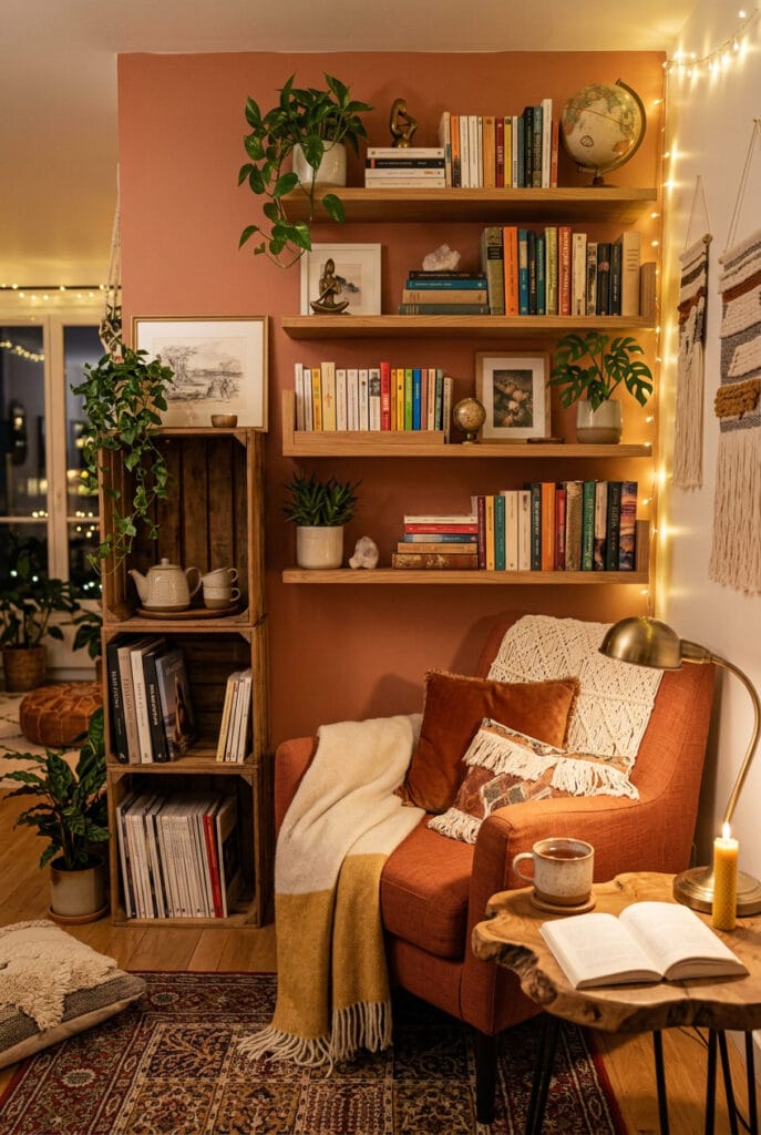 Étagères décoratives avec livres dans un coin lecture cosy et chaleureux.
