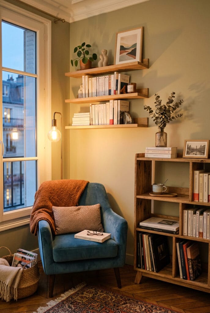 Bibliothèque murale accompagnant un coin lecture cosy dans un intérieur chaleureux.