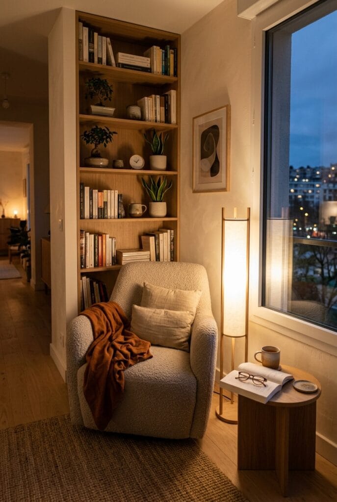 Coin lecture cosy éclairé par une lumière douce créant une ambiance chaleureuse et relaxante.