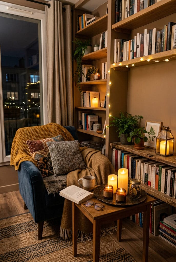 Coin lecture cosy éclairé par des bougies et une lumière tamisée créant une ambiance chaleureuse.