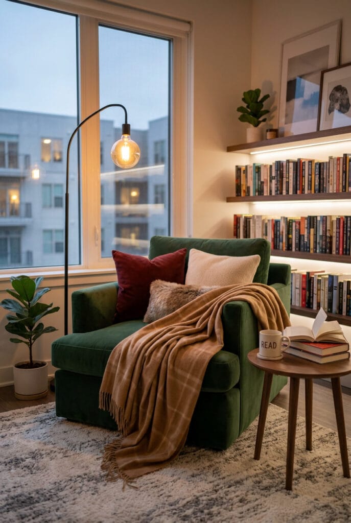 Coin lecture cosy avec plaid et coussins confortables dans une ambiance chaleureuse.