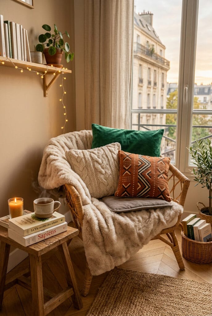 Coin lecture cosy avec coussins décoratifs et plaid créant une ambiance chaleureuse et confortable.