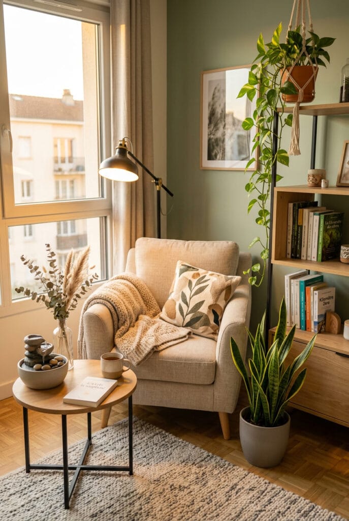 Coin lecture décoré avec des éléments naturels créant une ambiance zen et apaisante.