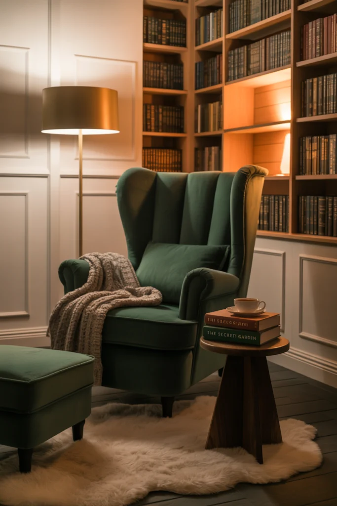 Fauteuil de lecture cosy en velours vert avec repose-pieds dans un coin lecture
