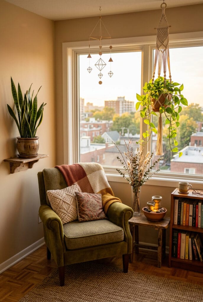 Coin lecture cosy avec décoration naturelle créant une ambiance calme et harmonieuse.