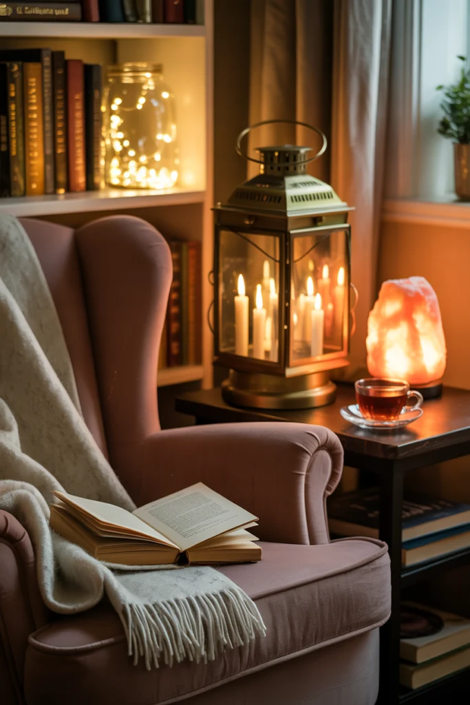 Coin lecture avec bougies LED, guirlandes lumineuses et lampe en sel rose pour une ambiance