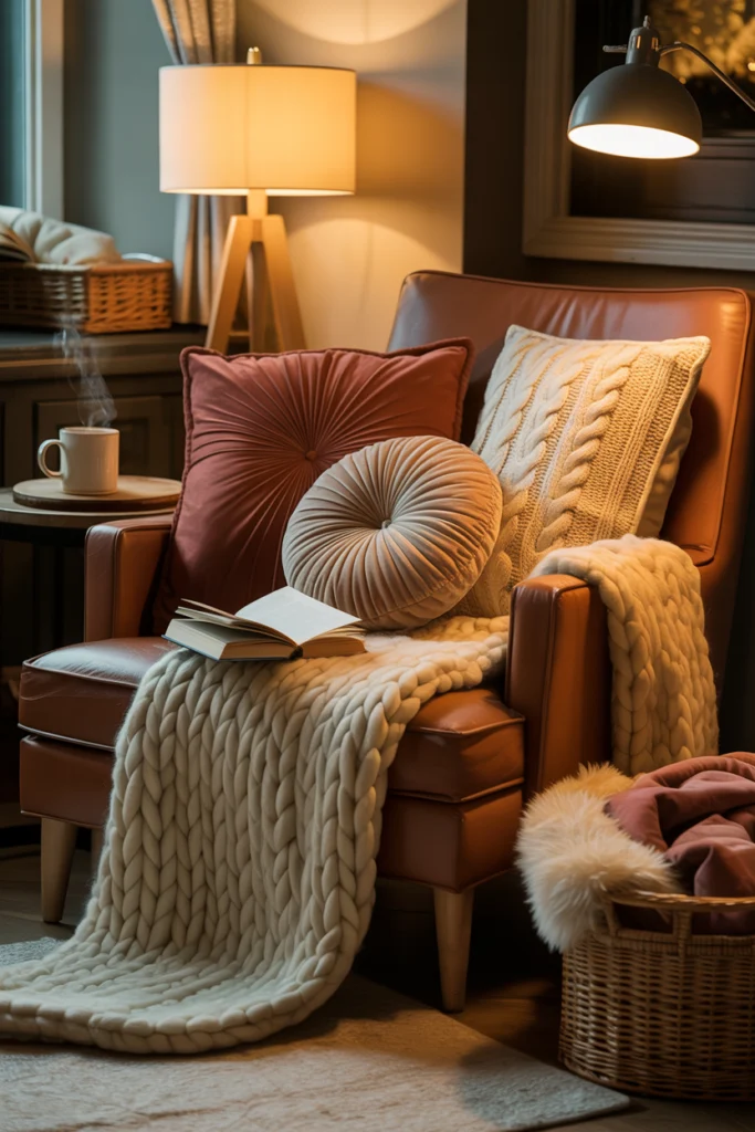 Coin lecture ultra-confortable avec plaid en cachemire et assortiment de coussins moelleux