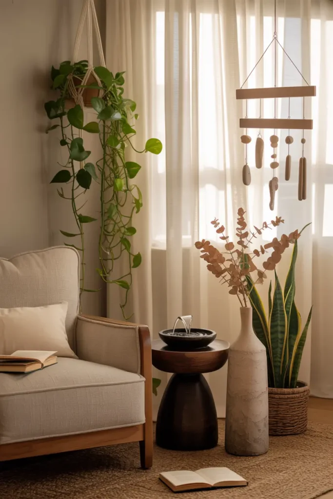 Coin lecture zen avec plantes dépolluantes et éléments naturels apaisants