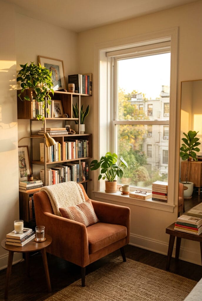 Coin lecture cosy et lumineux aménagé dans un intérieur apaisant propice à la détente et à la lecture.