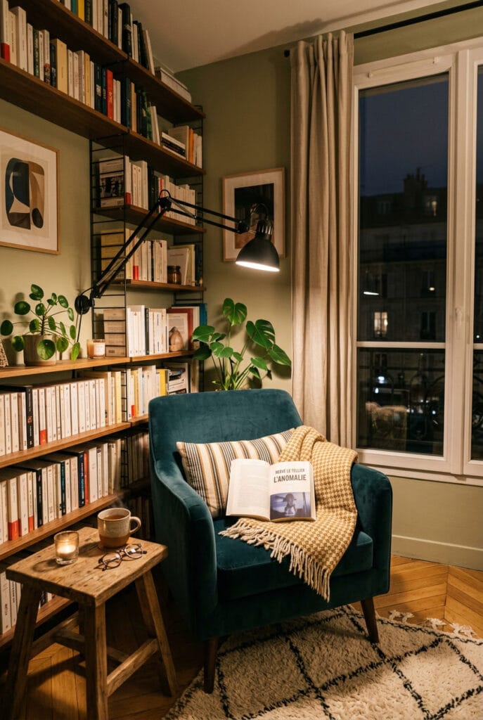 Coin lecture cosy aménagé dans un intérieur calme avec une ambiance chaleureuse