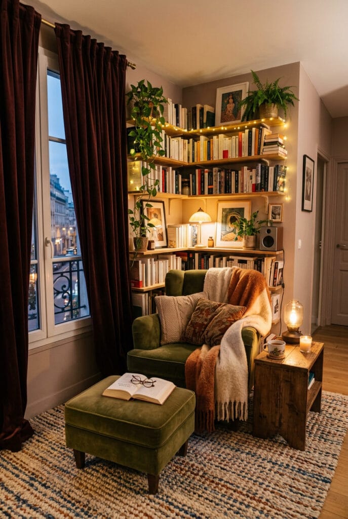 Aménagement d’un coin lecture cosy dans un recoin tranquille de la maison.