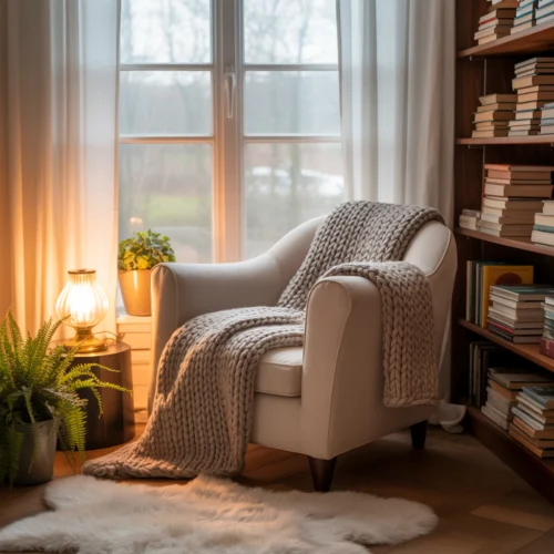 Coin lecture cosy avec fauteuil moelleux, étagères de livres et éclairage chaud près d'une fenêtre