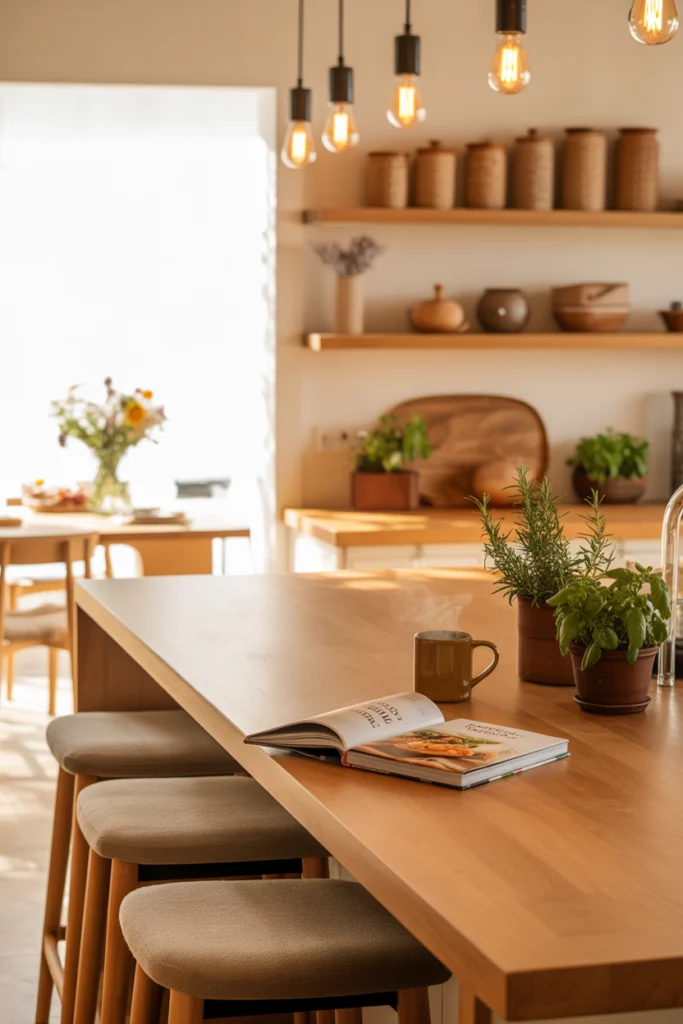 Cuisine ouverte conviviale avec îlot central cosy