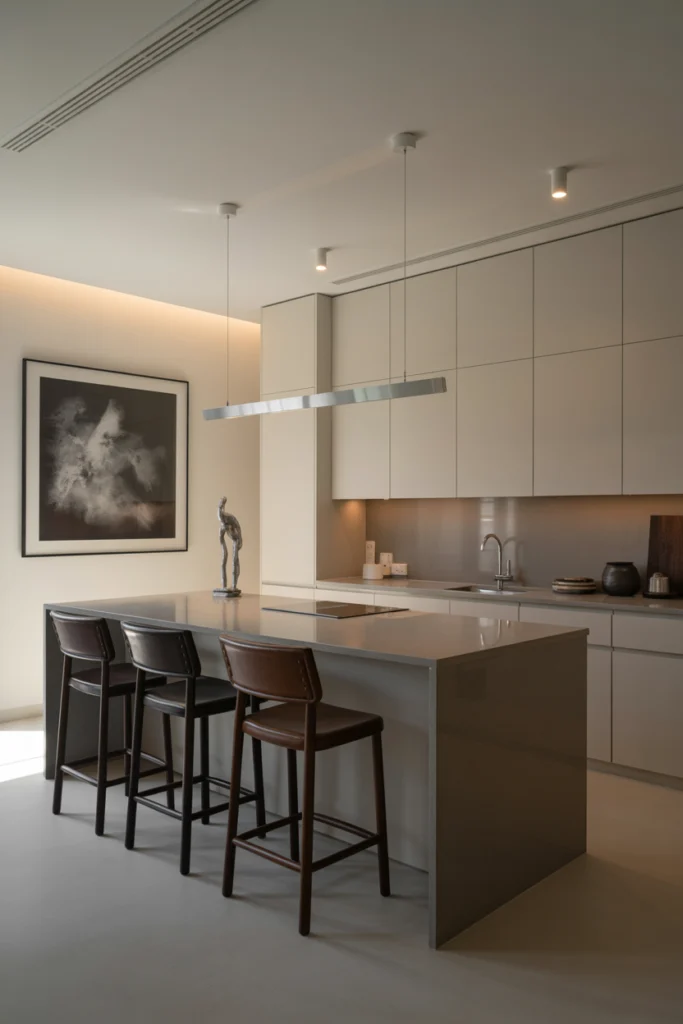 Cuisine ouverte moderne épurée avec îlot en béton