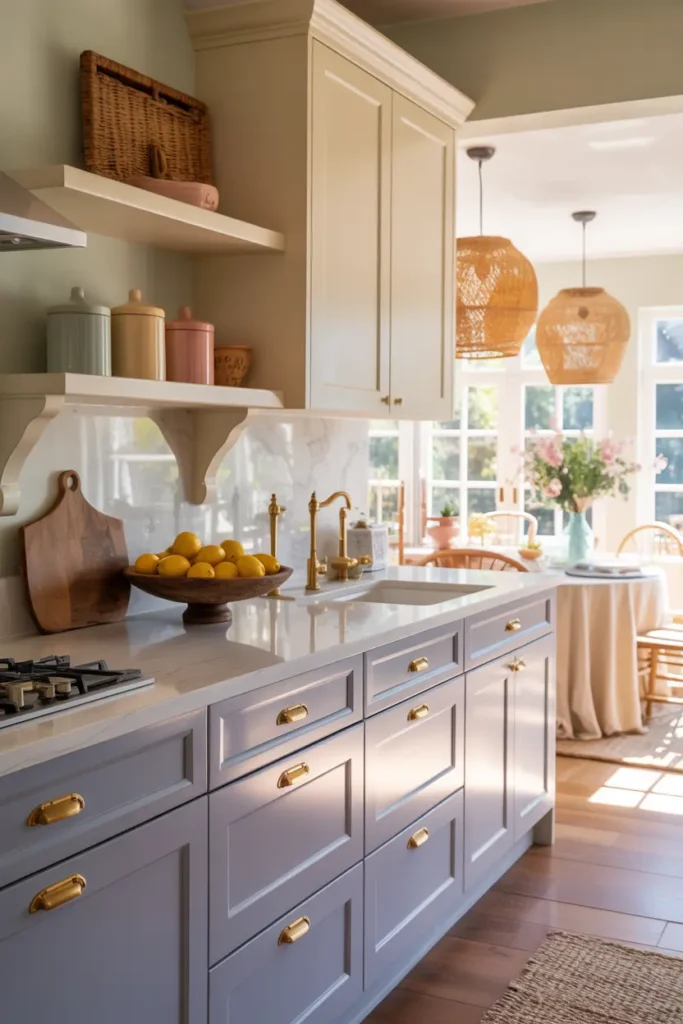 Cuisine ouverte pastel douce et lumineuse