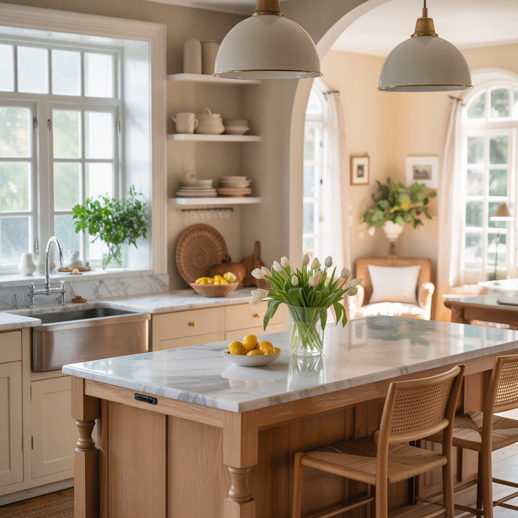 Cuisine ouverte moderne et cosy avec îlot central, matériaux naturels et éclairage chaleureux.