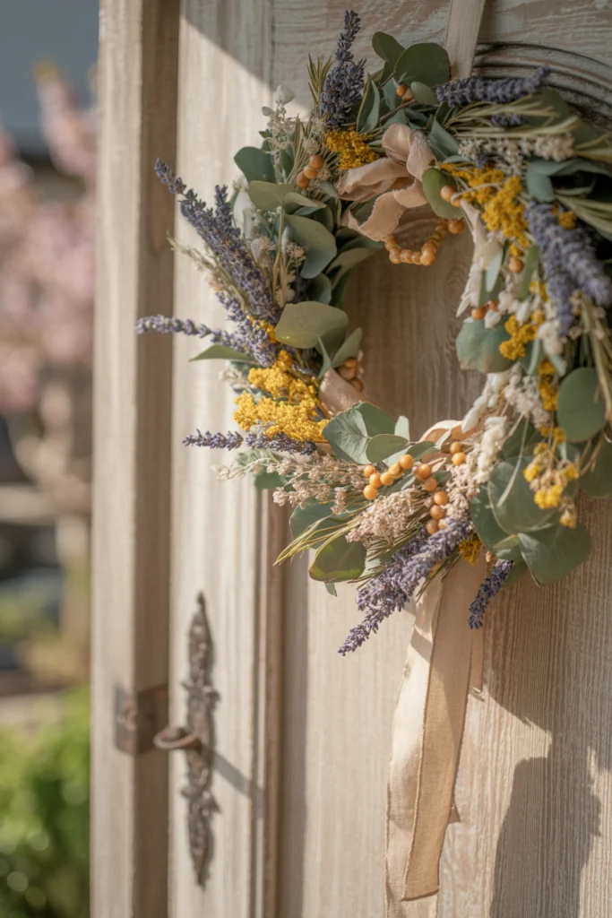 Décoration porte avec couronne florale bohème en fleurs séchées pour une entrée cosy