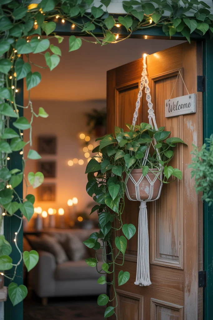 Décoration porte avec suspension végétale en macramé pour une entrée naturelle