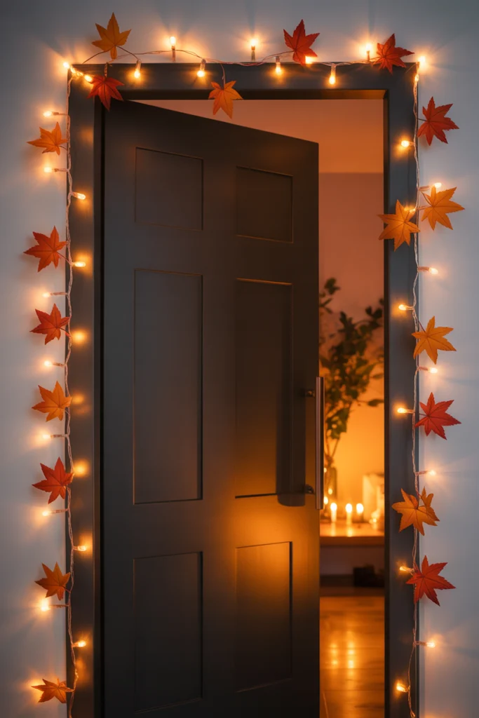 Décoration porte avec guirlande lumineuse douce pour une ambiance cosy