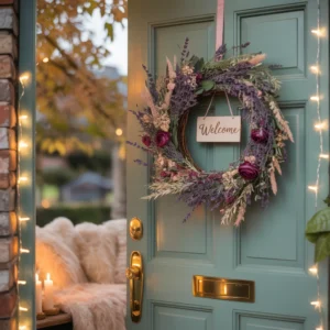 Décoration porte avec couronne florale bohème, peinture pastel et guirlandes lumineuses pour une entrée chaleureuse et cosy.