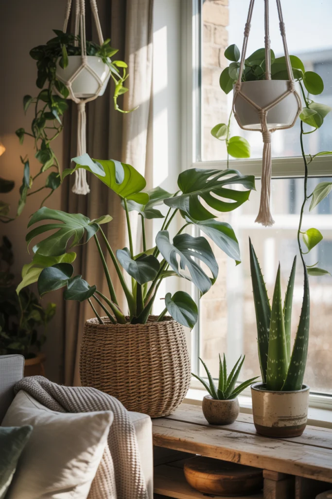 Décoration végétale avec plantes increvables (monstera, pothos, sansevière) dans intérieur cosy