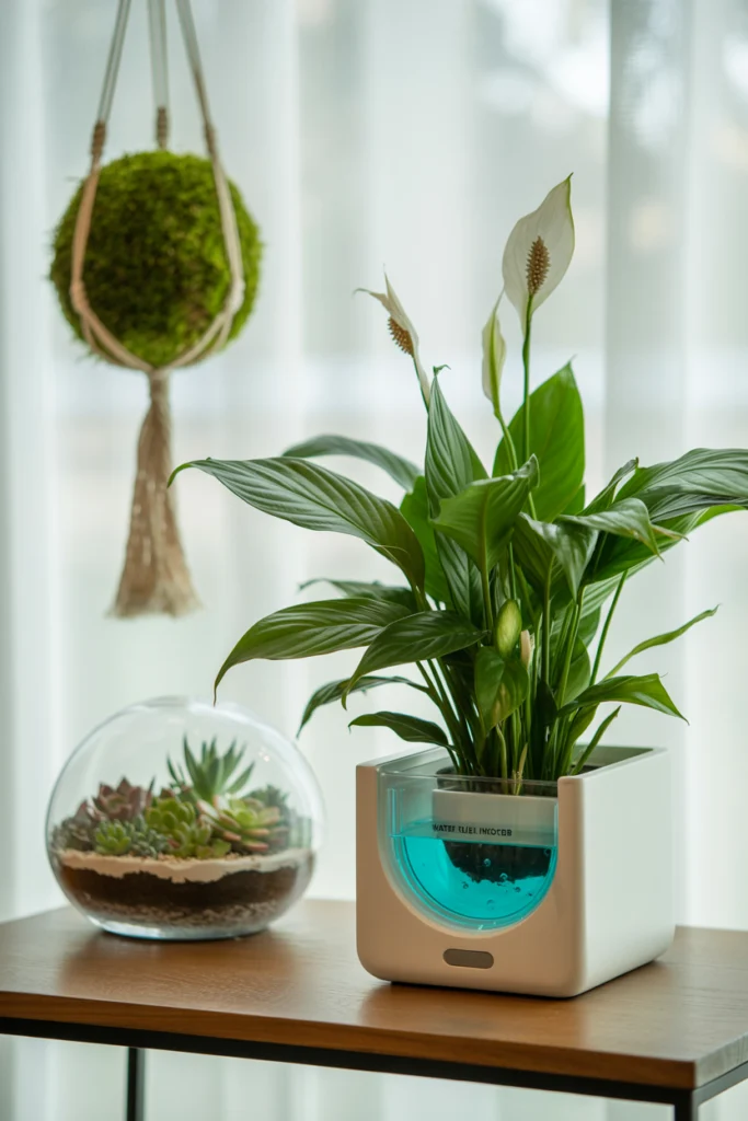Décoration végétale maline avec pots à réserve d'eau et kokedama