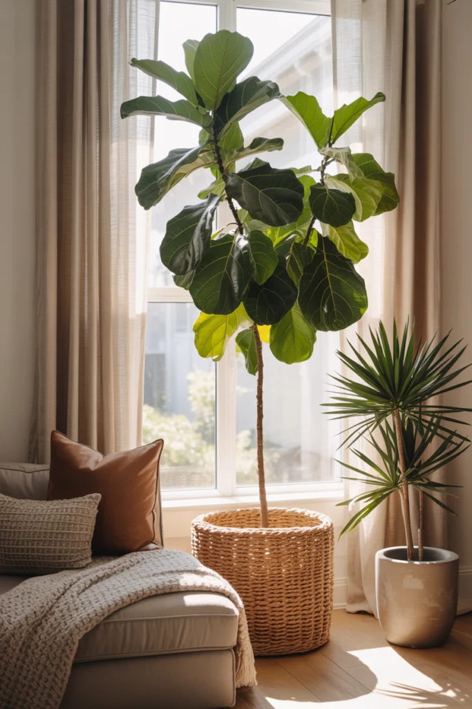 Décoration végétale avec ficus lyrata et palmier nain dans salon cosy